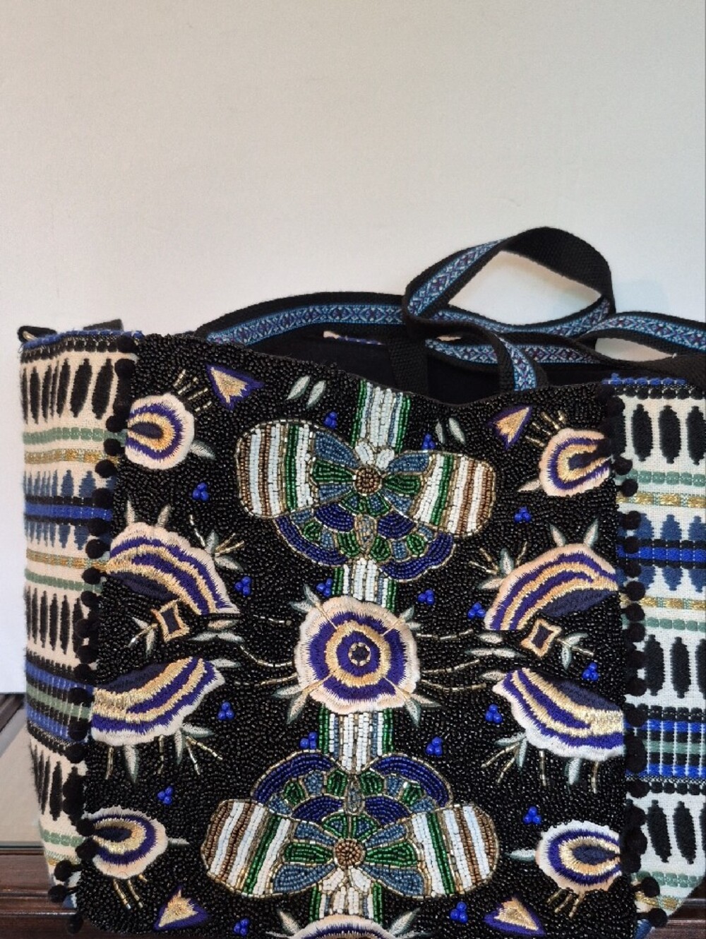 NWT America Beyond Beaded Floral Tote Bag Black White Green Blue Boho